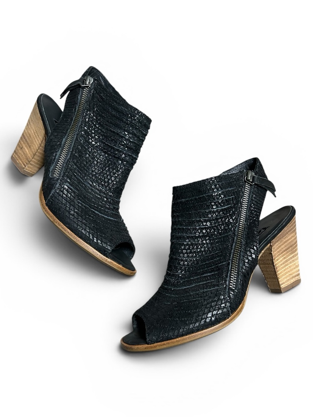 Paul Green Cayenne Peep Toe Sandals Embossed Black Leather 6 UK 8.5 US